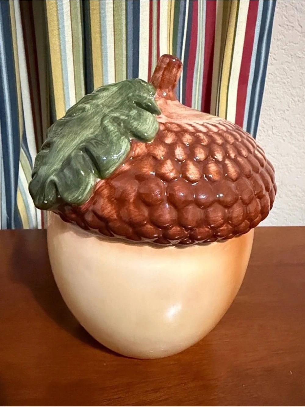 Vintage Ceramic Acorn Candy/Cookie Jar with Green Leaf Lid